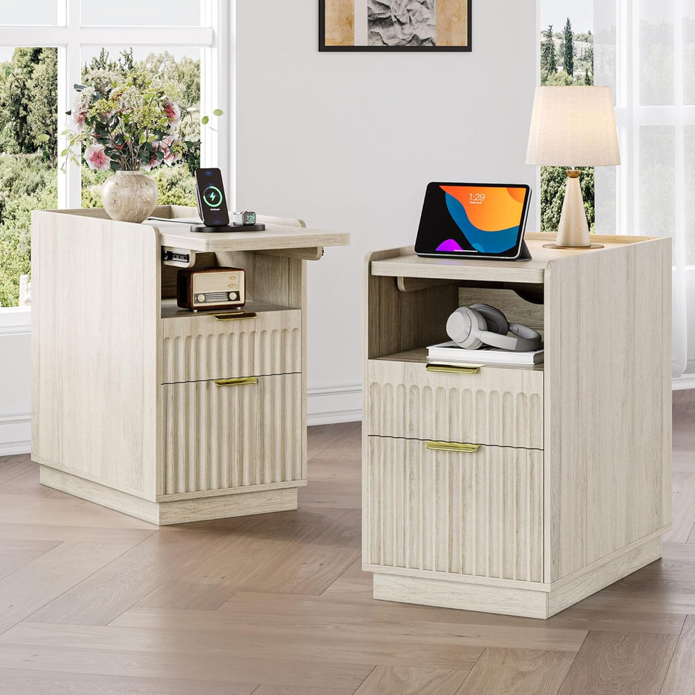 iPormis Fluted End Table Set of 2 with Charging Station, 2 Drawers Narrow Sid...
