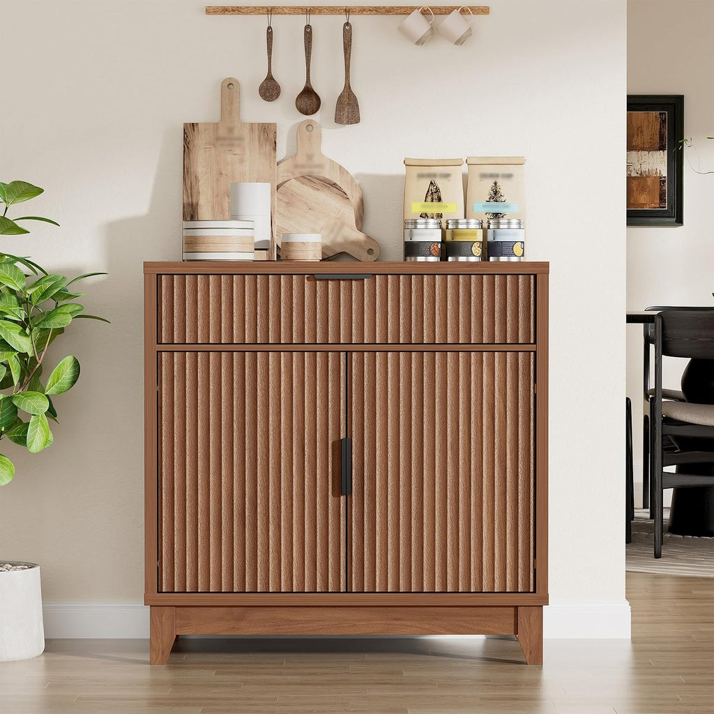 Vabches 32" Fluted Sideboard Buffet Cabinet with Storage, Walnut | Modern Coffee Bar Console Table with Drawer, Fluted Doors & Adjustable Shelf, for Entryway, Living Room, Kitchen, Dining Room