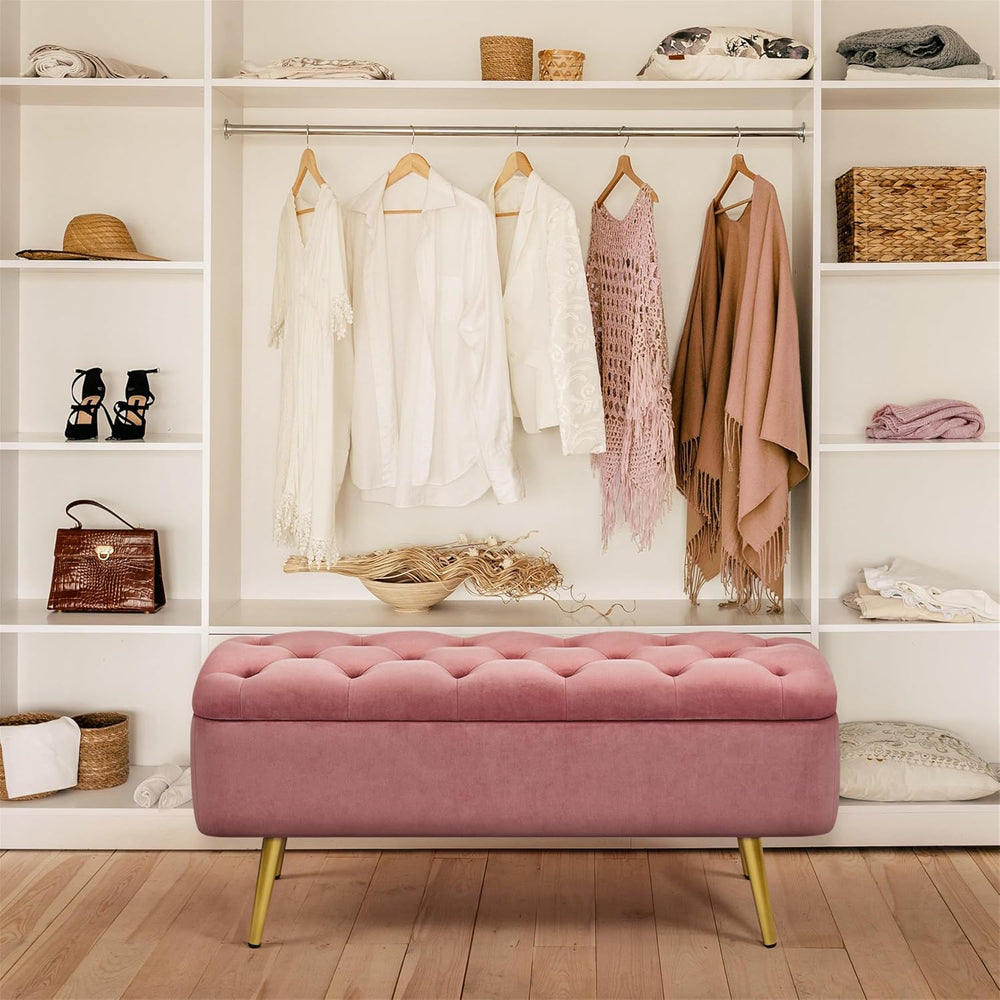 Yaheetech 43in Velvet Storage Ottoman Bench for Bedroom End of Bed, Pink | Bu...