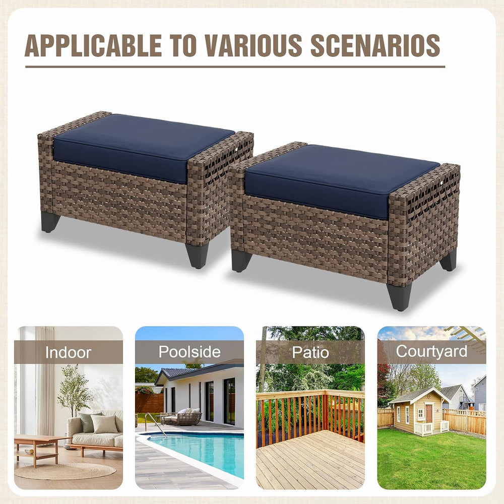 2 Pieces Modern Outdoor Wicker Patio Footstools, Multipurpose PE Rattan Ottom...