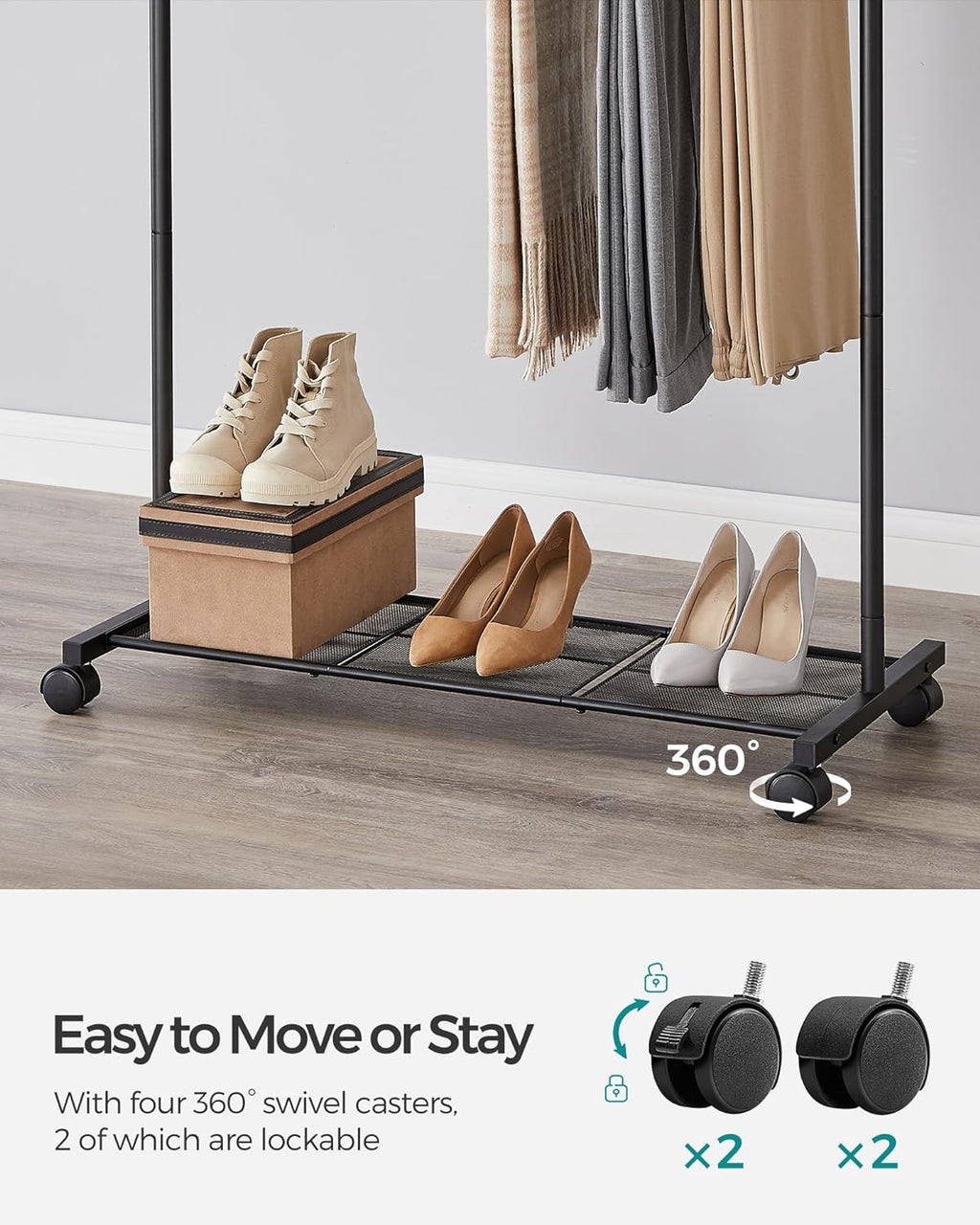 SONGMICS Clothes Rack with Wheels, Double-Rod Clothing Rack for Hanging Clothes, 25.4mm Metal Garment Rack with Dense Mesh Storage Shelf, 110 lb Load Capacity, 2 Brakes, Black UHSR027B01