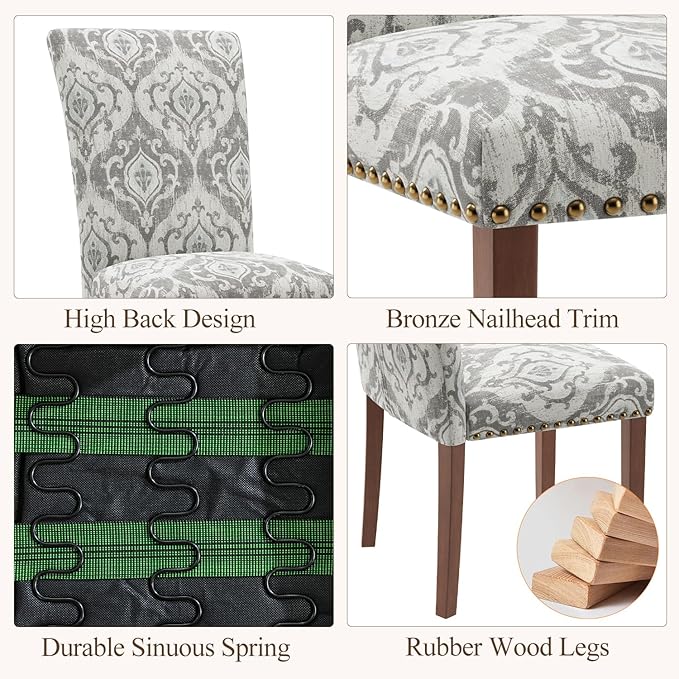 Stylish Dining Chairs Set of 6, Upholstered Parsons Dining Room Chair with Nailhead Trim, Kitchen Room Chair with Thick Cushions and Wood Legs, Nailhead Trim, SKY2050A-01
