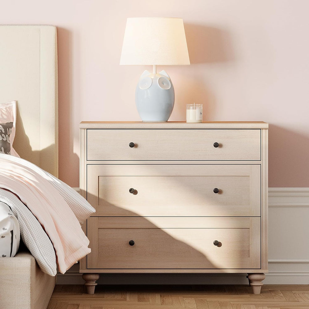 WAMPAT Farmhouse End Table with 3 Drawers, Large Wood Side Table Nightstands,...