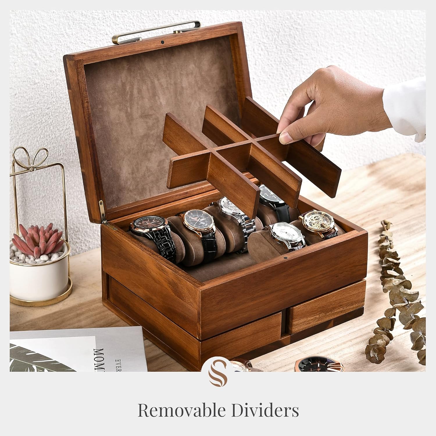Shanik Luxury Large Watch Box Organizer for Men with 8 Divided Slots, Soft Velvet Pillows, and Pull-Out Drawers for Wallet, Cufflinks, and Accessories