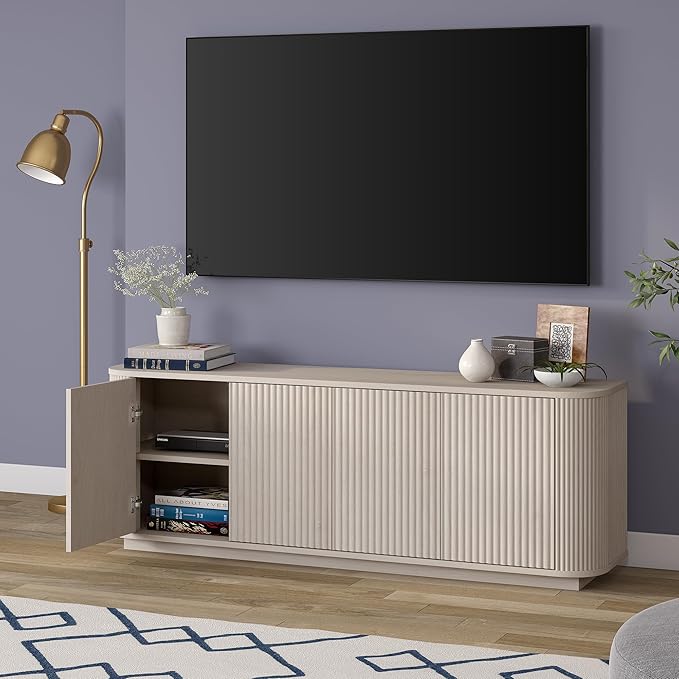 Henn&Hart Fluted TV Stand for TVs up to 75" with 2 Storage Cabinets with an Adjustable Shelf for Living Room, Family Room, or Office, Beech White