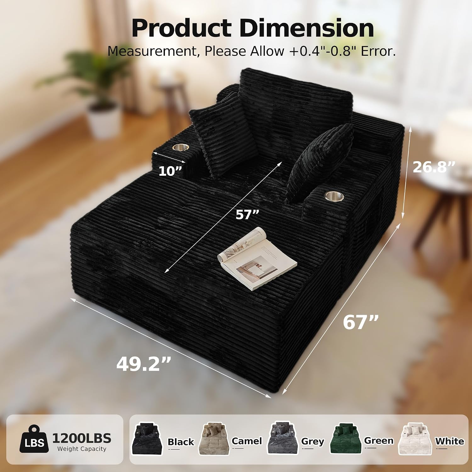 66" Chaise Lounge Chair Indoor,Oversized Boneless Single Sleeeper Couch Bed,Cloud Sofa with 3 Soft Pillows for Livingroom,Bedroom,No Assembly (Black, 66inch)