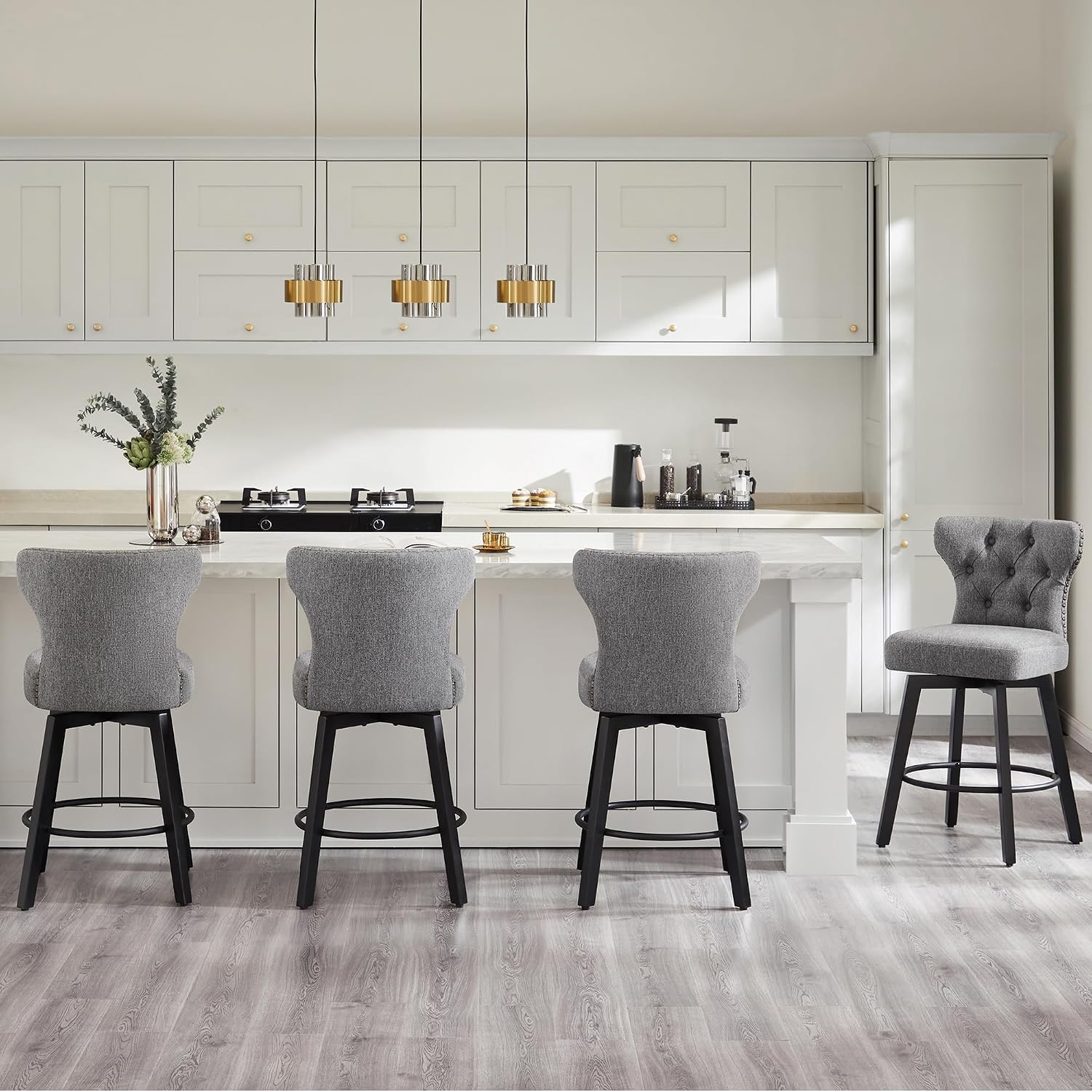 Counter Height Barstools 26 inch Upholstered Button Tufted Swivel Bar Stools with Back and Wood Legs for Kitchen Island,Set of 2,Grey-Nailhead Trim