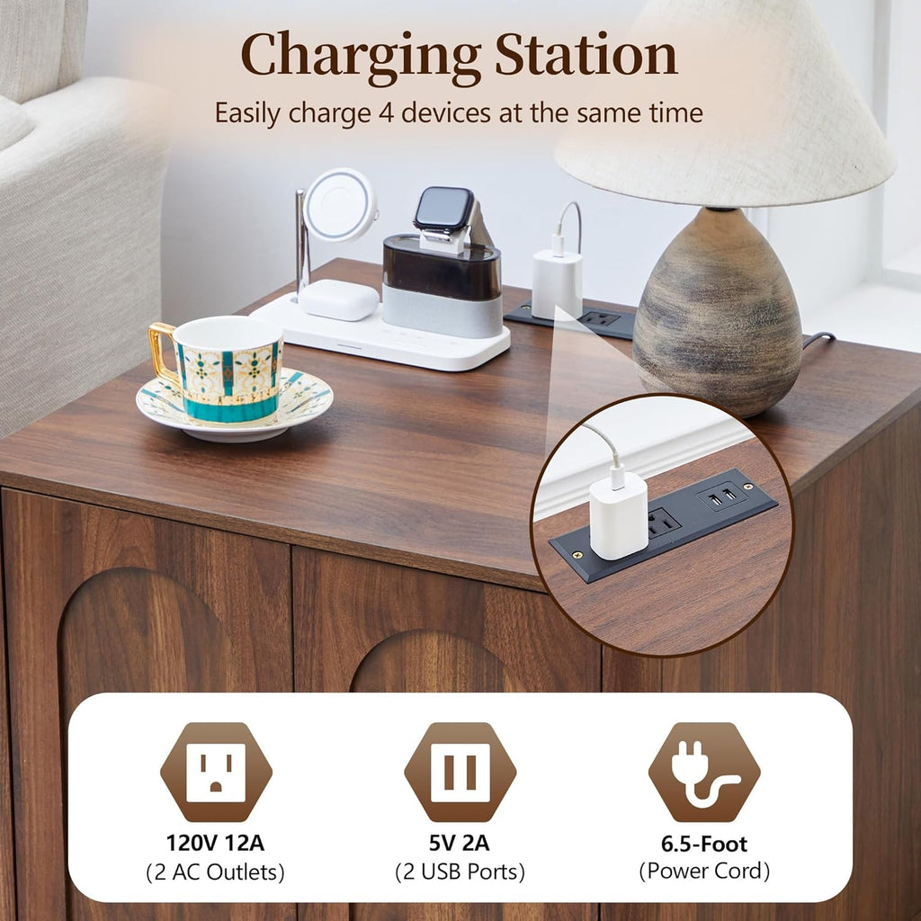Bed Side Table with Charging Station, Mid Century Modern Nightstand with 2 Doors, Square End Table with Storage for Couch,Living Room,Small Spaces, Sofa Side Table for Office,Dorm - Walnut
