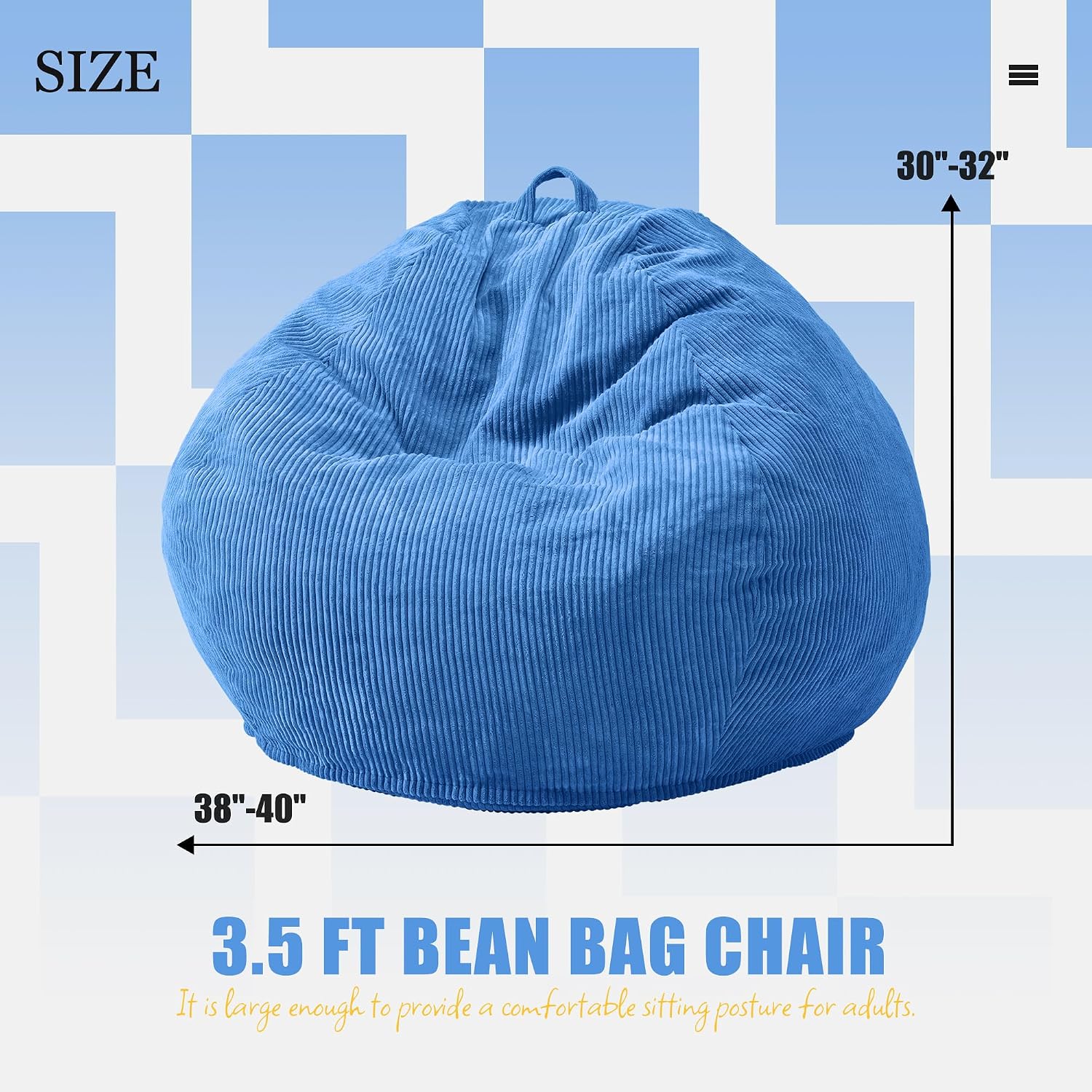 Hobestluk Adult Bean Bag Chair Teardrop Shape with Filling, 3.5FT Blue | Soft Fabric, Corduroy Cover, Removable and Washable, Memory Foam Filler, Portable Handle, Gaming, Relaxing, For Living Room