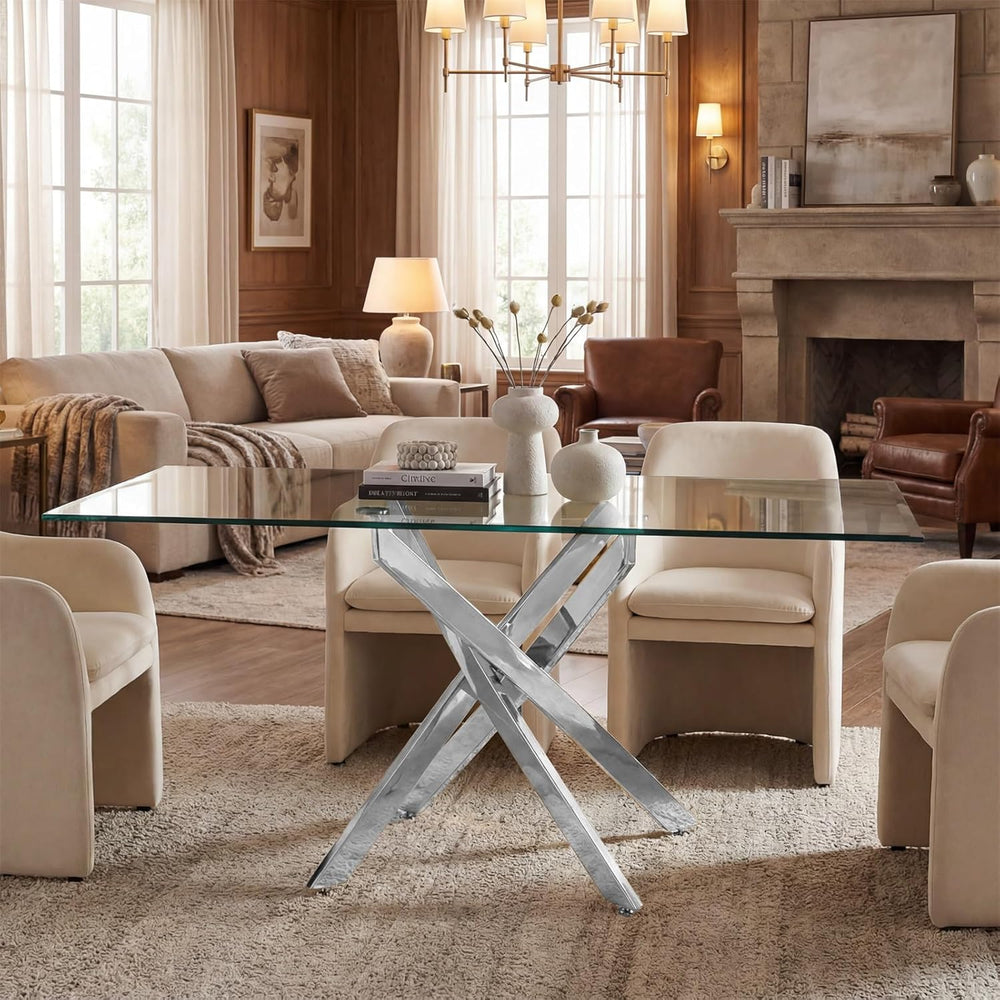59 Inch Glass Dining Table for 6, Modern Square Kitchen Table with Silver Leg...