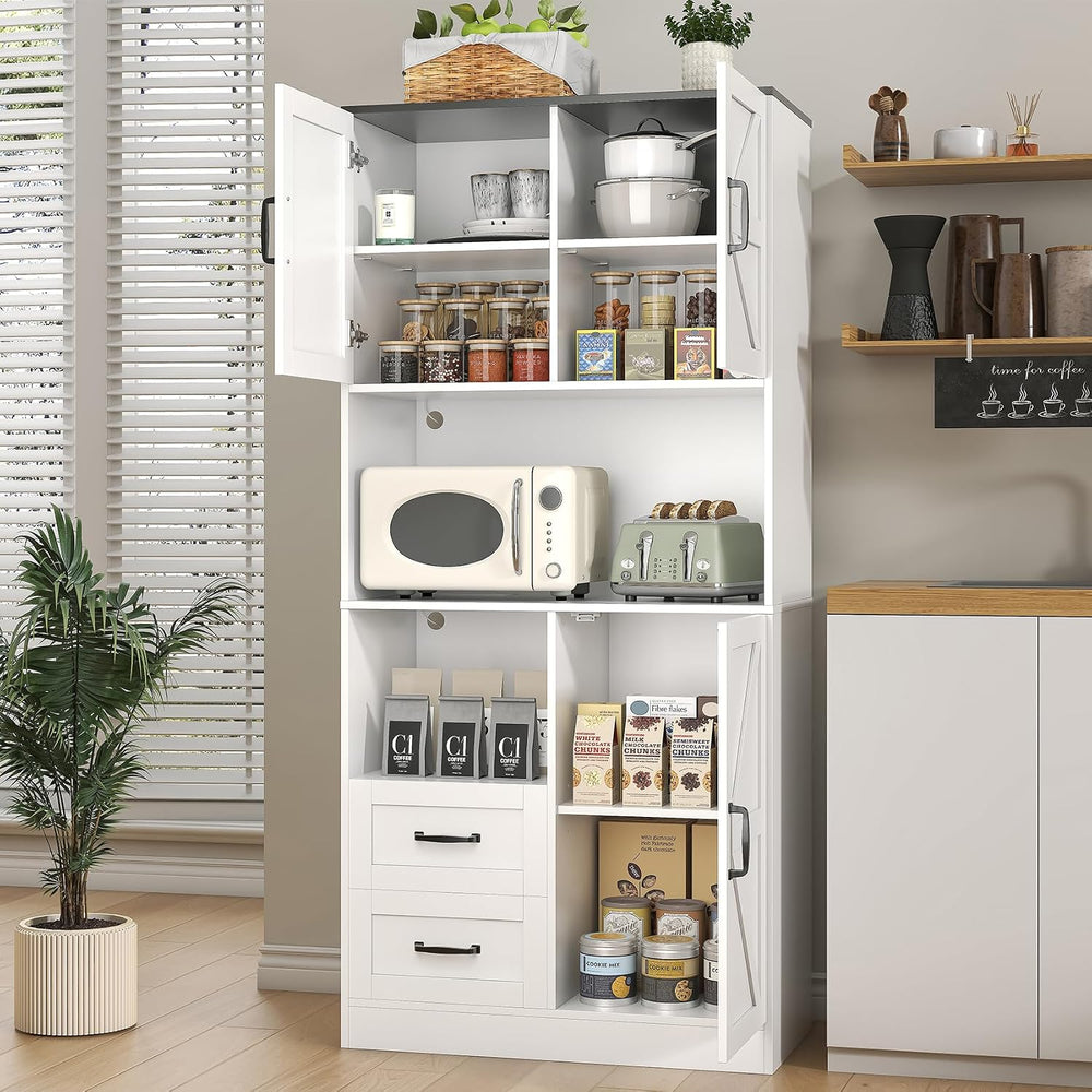 Kitchen Pantry Storage Cabinet with LED Lights and Power Strip, Tall Farmhous...