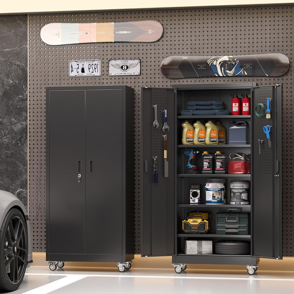 SUXXAN 71" Metal Storage Cabinet with Wheels, Pegboard, Lock, 5 Shelves ...