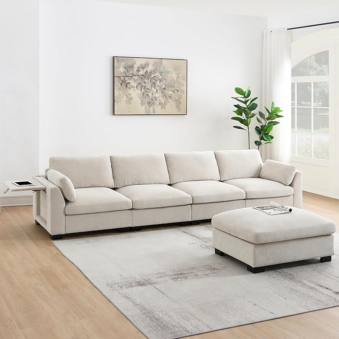 Ball & Cast Oversized Modular L Shaped Sectional Sofa W/Movable Ottoman and USB Ports,5 Seater Chenille Couch W/ 2 Armrest Pillows,Side Pocket & Folding Table,for Living Room,Apartment,Beige,130"