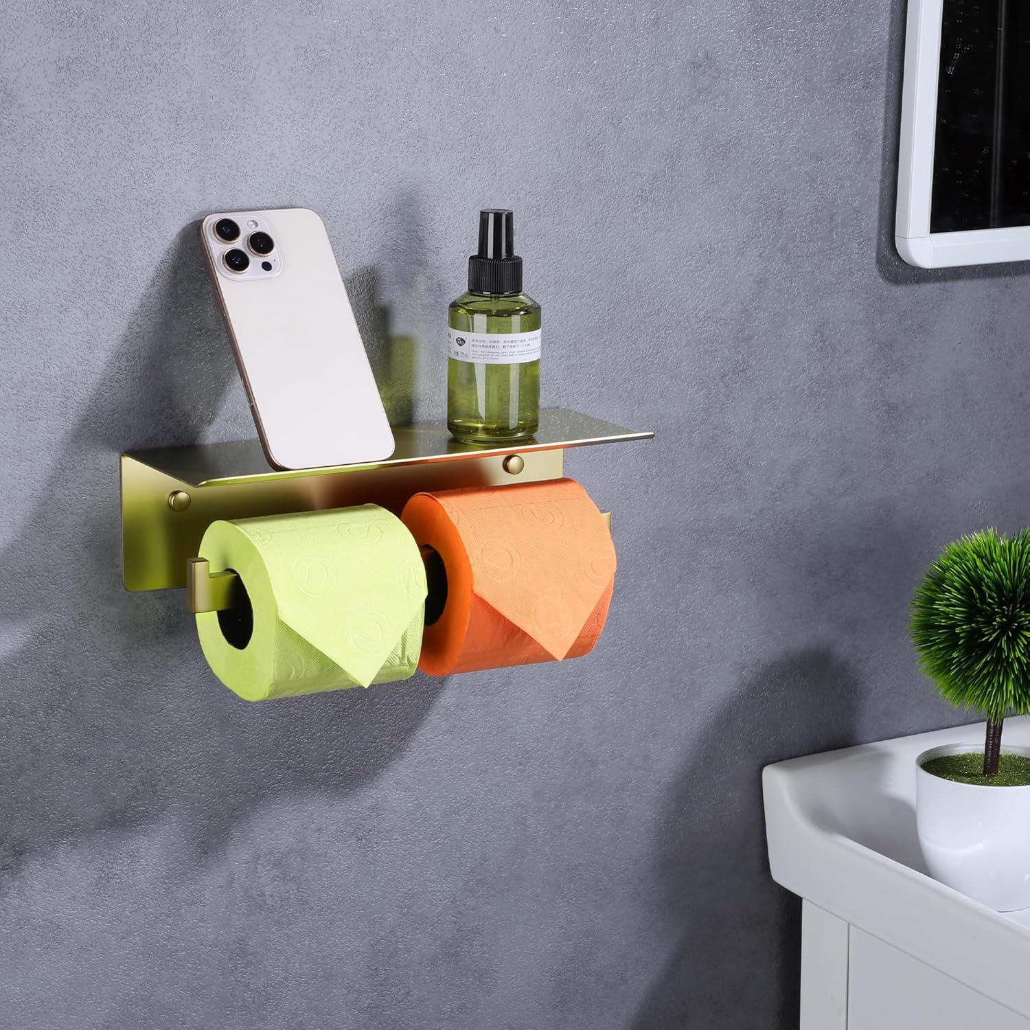 LANC Double Toilet Paper Holder with Shelf, Brushed Gold Commercial Roll Tissue Dispenser with Phone Shelf for Bathroom Wall Mounted or 3M Self-Adhesive Stainless Steel Storage, A8377BG