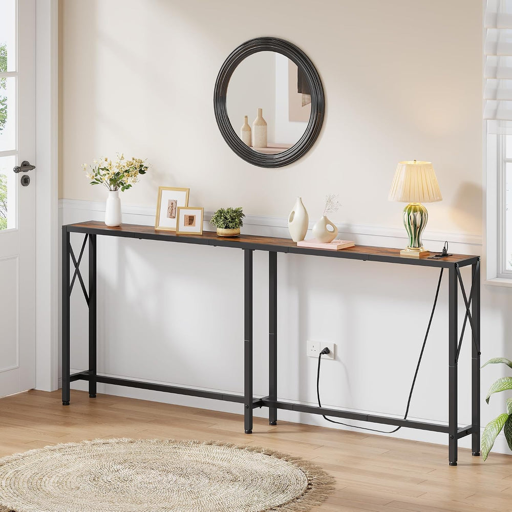 Gewudraw 70" Sofa Table Behind Couch with Oulets-Narrow Console Table,Br...