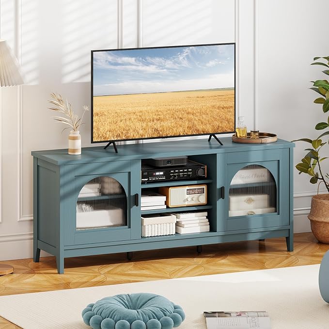 Giantex Farmhouse TV Stand for TVs up to 65", Modern Vintage Entertainment Center w/Storage, Adjustable Shelves, Cable Holes&Glass Doors, Media TV Console Table for Bedroom, Living Room (Teal Blue)