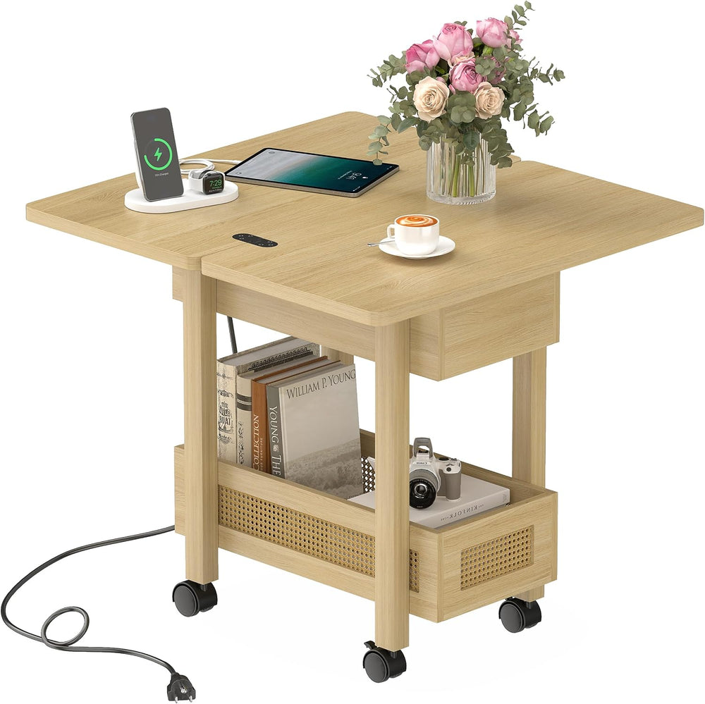 YOSHOOT Narrow End Table with Charging Station, Small Bedside Table
