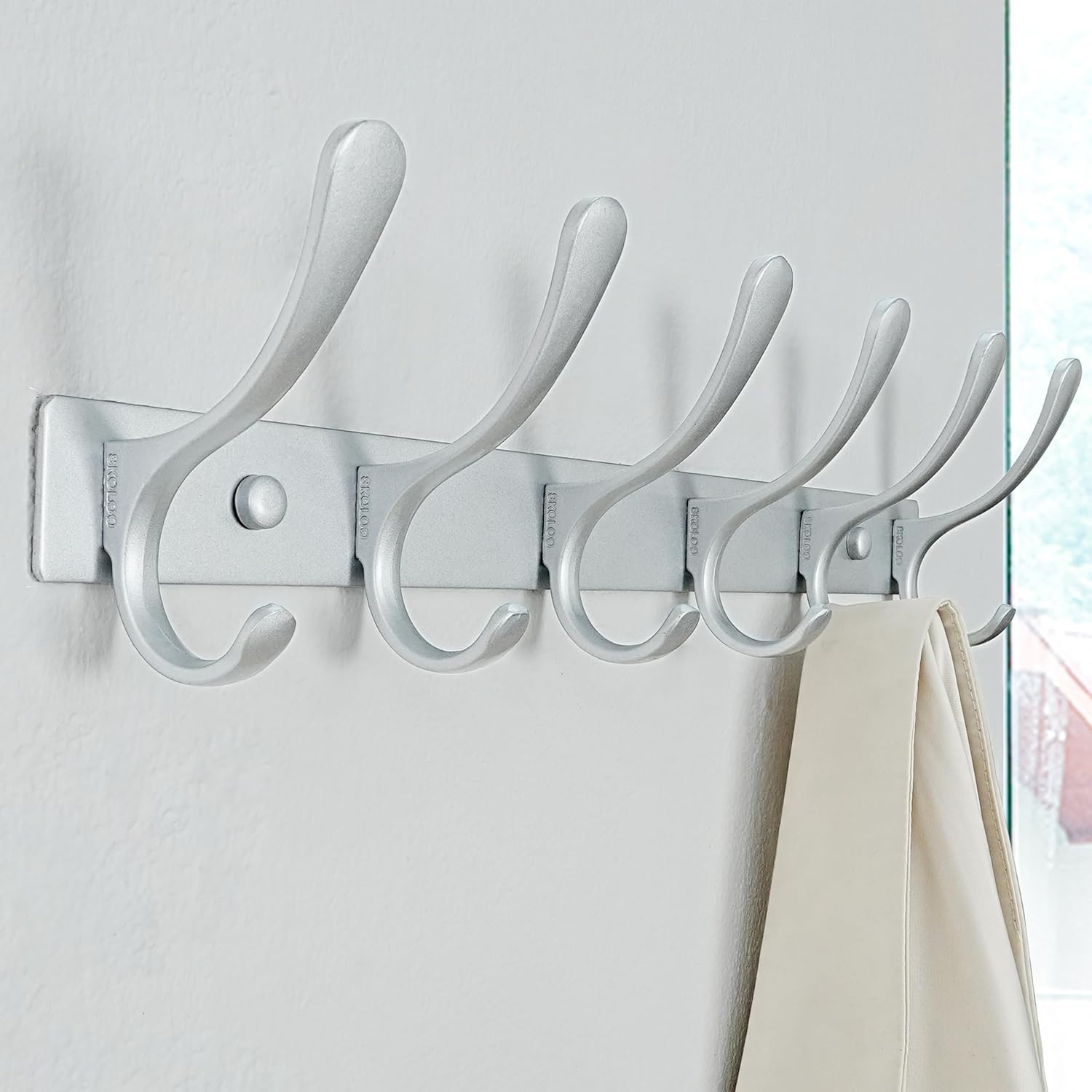 SKOLOO Coat Rack Wall Mounted - 6 Hooks, Pack of 2, Heavy Duty, Stainless Steel, Metal Wall Hanger, Sturdy Coat Hooks for Hanging Coats, Jacket, Clothes, Hat, Cold Light Silver