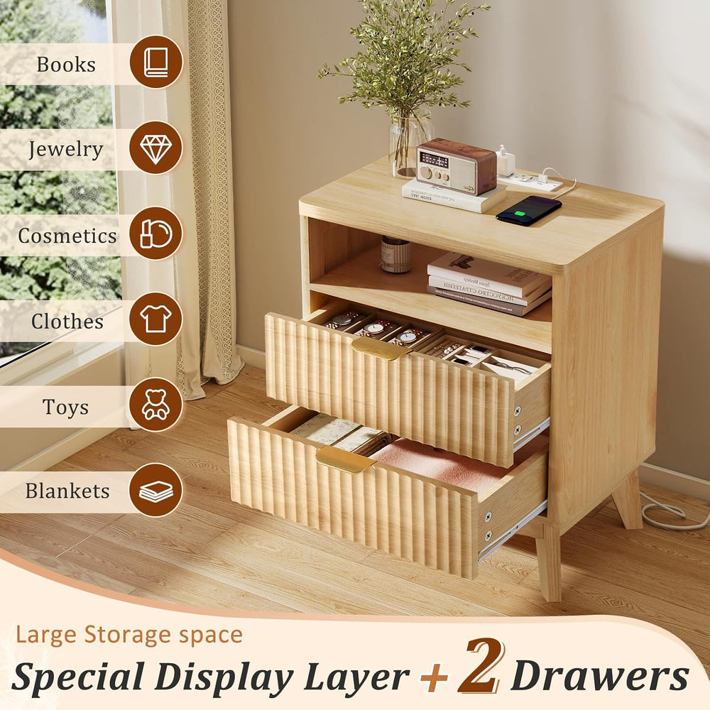 LYNCOHOME Fluted Nightstand with Charging Station, 19.7 inch Wide End Table w...