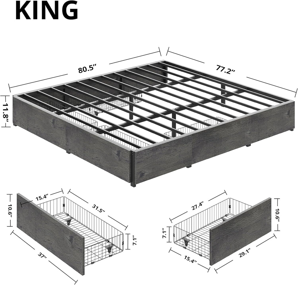 LIKIMIO King Bed Frame with 4 Storage Drawers, Charcoal Grey