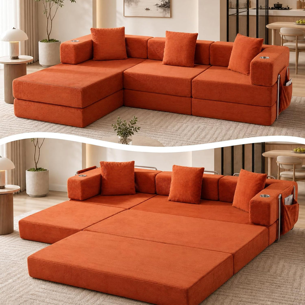 Modular Sectional Sofa, 108" L-Shaped Couch with Deep Seat | Corduroy Boneless Cloud Cushion,Modular Sofa Bed with Fixed-Shape Frame for Living Room No Assembly Required (Orange)