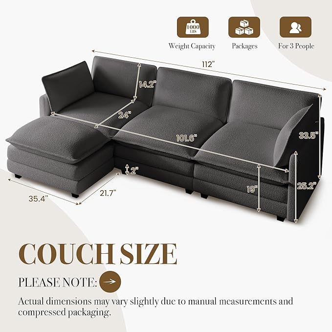 ROWHY 112'' Modular Sectional Cloud Couch with Movable Ottoman, 4 Seat Modern Chenille Sofa with 2 Throw Pillows, Deep Seat L Shaped Couch for Living Room Bedroom Apartment, Dark Grey | Arrange Freedom, Pet-Friendly Fabric, Sturdy Frame, Ultimate Comfo...