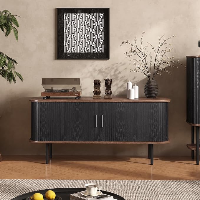 47''W Modern TV Stand Cabinet with Storage for TVs up to 55 Inch, Fluted TV Entertainment Center with Slatted Tambour Doors, Media Console for Living Room, Entryway, Black