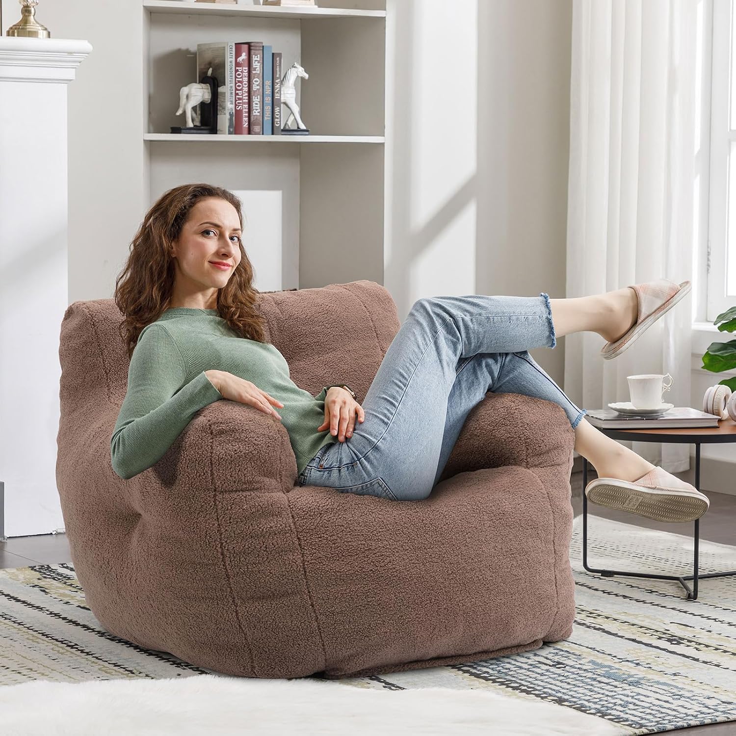 Recaceik Bean Bag Chairs, Tufted Soft Stuffed Bean Bag Chair with Filler, Fluffy Lazy Sofa Chair Lounger, Comfy Giant Bean Bag Chair for Bedroom, Living Room, Brown