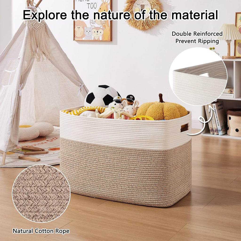 OIAHOMY 108L Extra Large Blanket Basket, 25”x16”x16” Laundry Basket, Blanket Storage for Living Room, Dog Toy Storage with Handle - Brown & White
