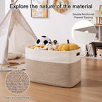 OIAHOMY 108L Extra Large Blanket Basket, 25”x16”x16” Laundry Basket, Blanket Storage for Living Room, Dog Toy Storage with Handle - Brown & White