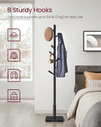 VASAGLE Solid Wood Coat Rack, Free Standing Hall Coat Tree with 8 Hooks, 3 Height Options, for Coats, Hats, Bags, Purses, for Entryway, Hallway, Rubberwood Hooks and Pole, Ink Black URCR010B01