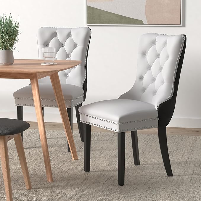 Dining Chairs Set of 6, Upholstered Dining Room Chairs with Back Ring Pull Trim and Solid Wood Legs, Modern Tufted Kitchen Chairs Perfect for Dining Room, White Pu Leather Splicing Black Velvet