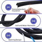 Cable Management Sleeves 1in - 2 Pack 4.1ft Split Braided Cable Sleeve Black, Hard PE Cord Protectors from Pets, Wire Organizers for Cords, Flexible Cord Wrap Wire Sleeve for Computer Cord Organizer