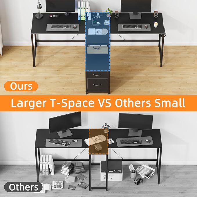 T-Shaped 2 Person Desk with Power Outlet, Long Two Person Gaming Table with LED & Fabric Drawers, 81.2'' Computer Desks with File Cabinet, Double Workstation for Home Office, Black