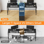 T-Shaped 2 Person Desk with Power Outlet, Long Two Person Gaming Table with LED & Fabric Drawers, 81.2'' Computer Desks with File Cabinet, Double Workstation for Home Office, Black