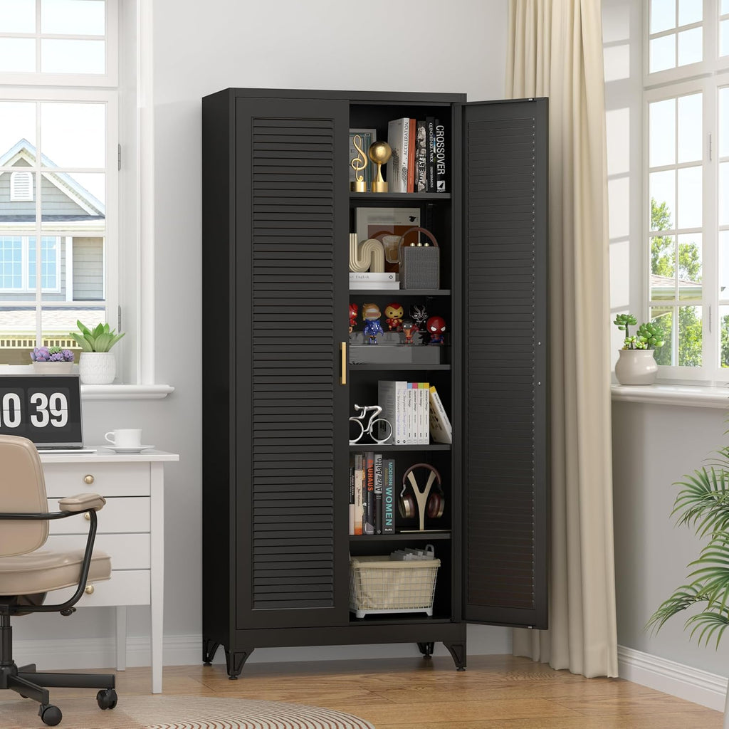 75" Tall Kitchen Storage Cabinets with 5 Adjustable Shelves, Black | Metal Storage Cabinet, Pantry with Louvered Doors, Large Cupboard, Locker for Kitchen, Office, School, Living Room, Dining