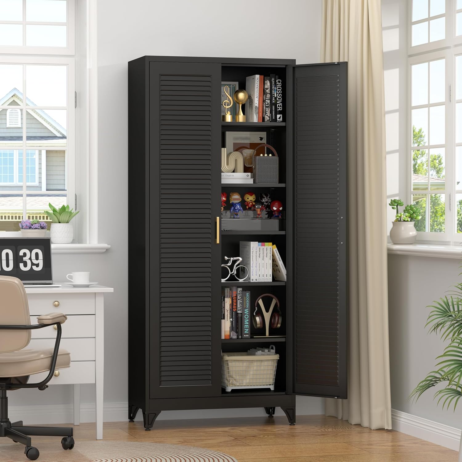 75" Tall Kitchen Storage Cabinets with 5 Adjustable Shelves, Black | Metal Storage Cabinet, Pantry with Louvered Doors, Large Cupboard, Locker for Kitchen, Office, School, Living Room, Dining