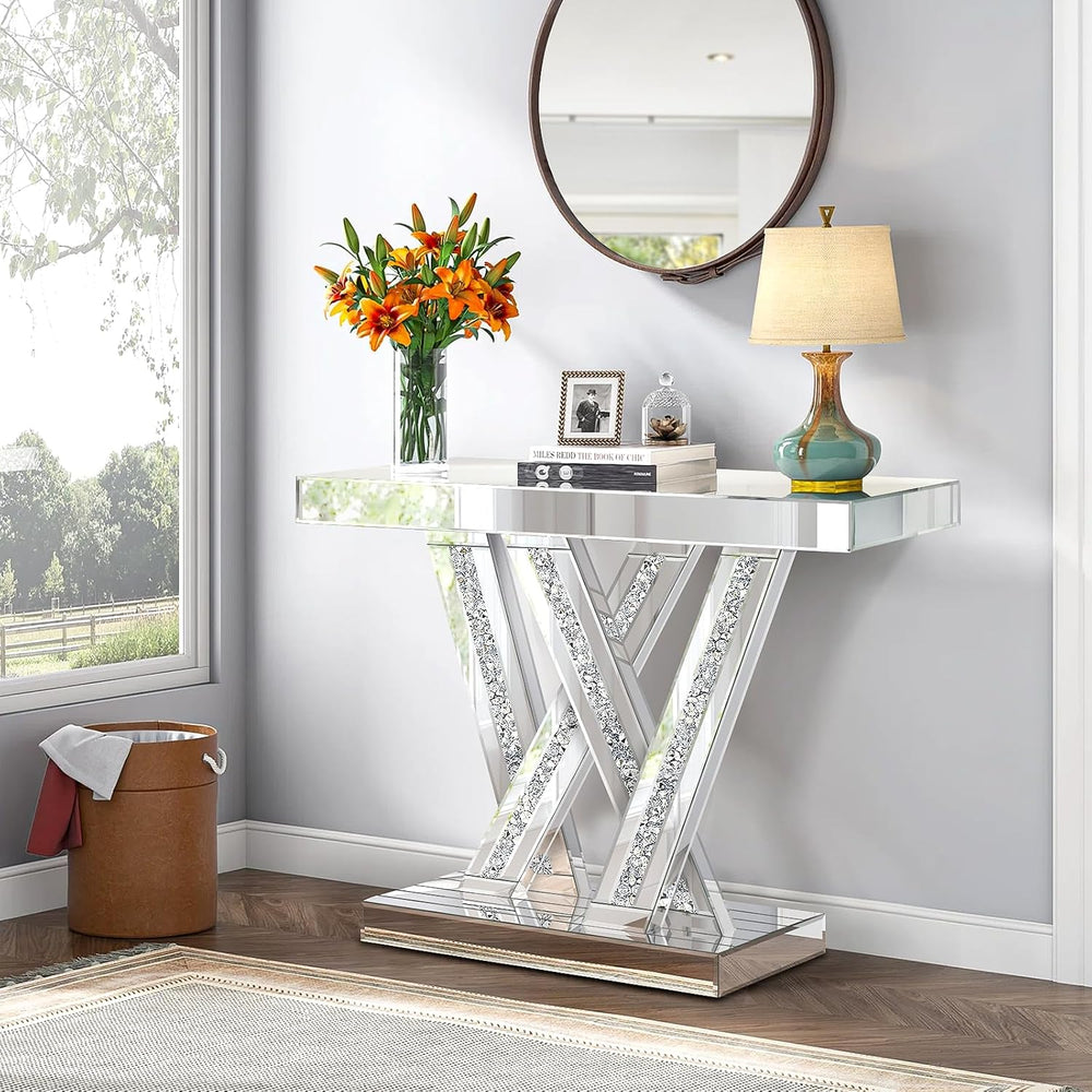 Modern Entryway Console Table with Crushed Diamond Inlay, 35.43" Silver ...