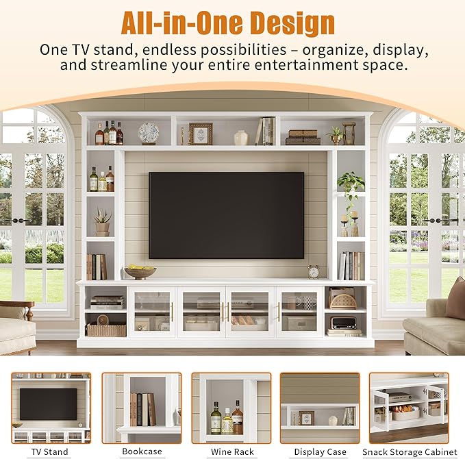 Merax 95" Entertainment Center for TVs up to 80", All-in-One TV Stand with Bookshelves & Storage Cabinets & Tempered Glass Doors & Adjustable Shelves, Modern Living Room Wall Unit Media Console, White