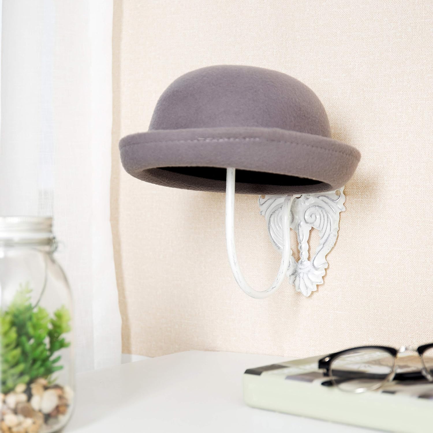 MyGift Hat Display Wall Mount,Set of 2 Wall-Mounted Black Metal Hat & Wig Display Racks (White)