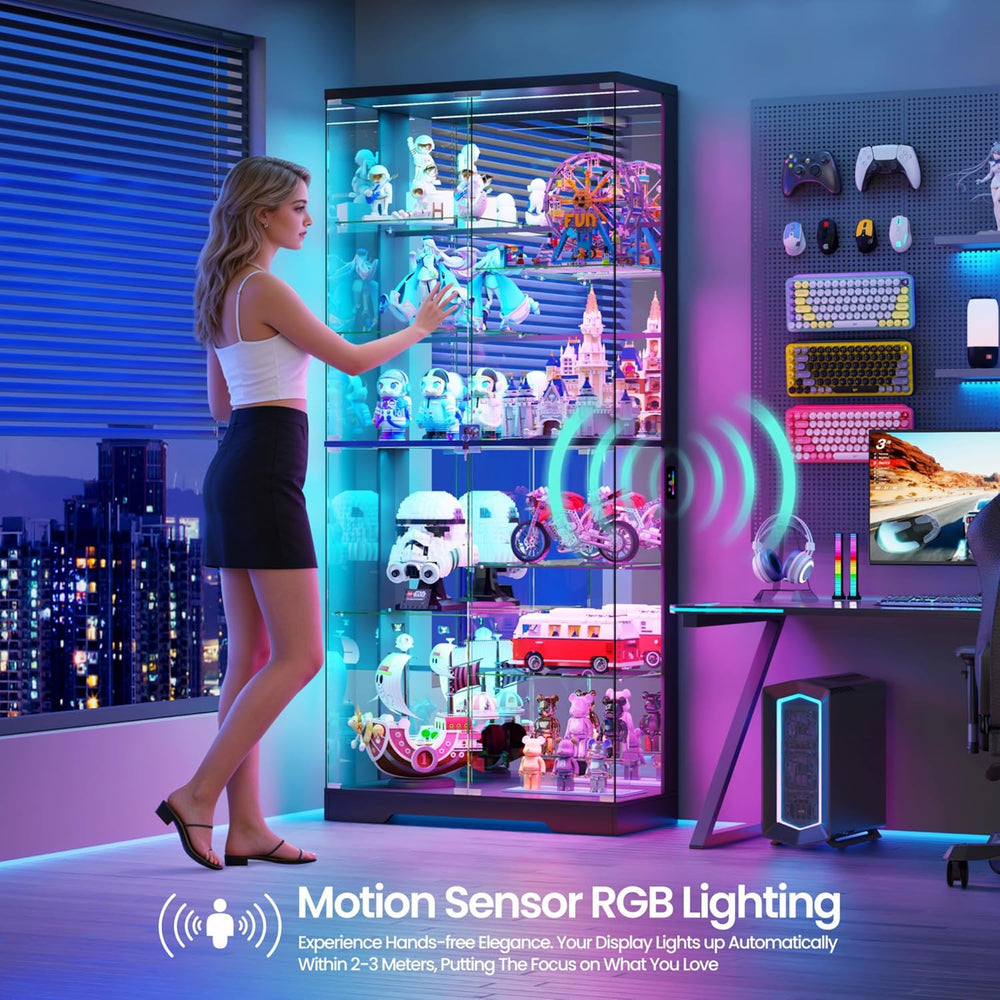 Lvifur 10-Tier Glass Display Cabinet with RGB Light and Motion Sensor,Black