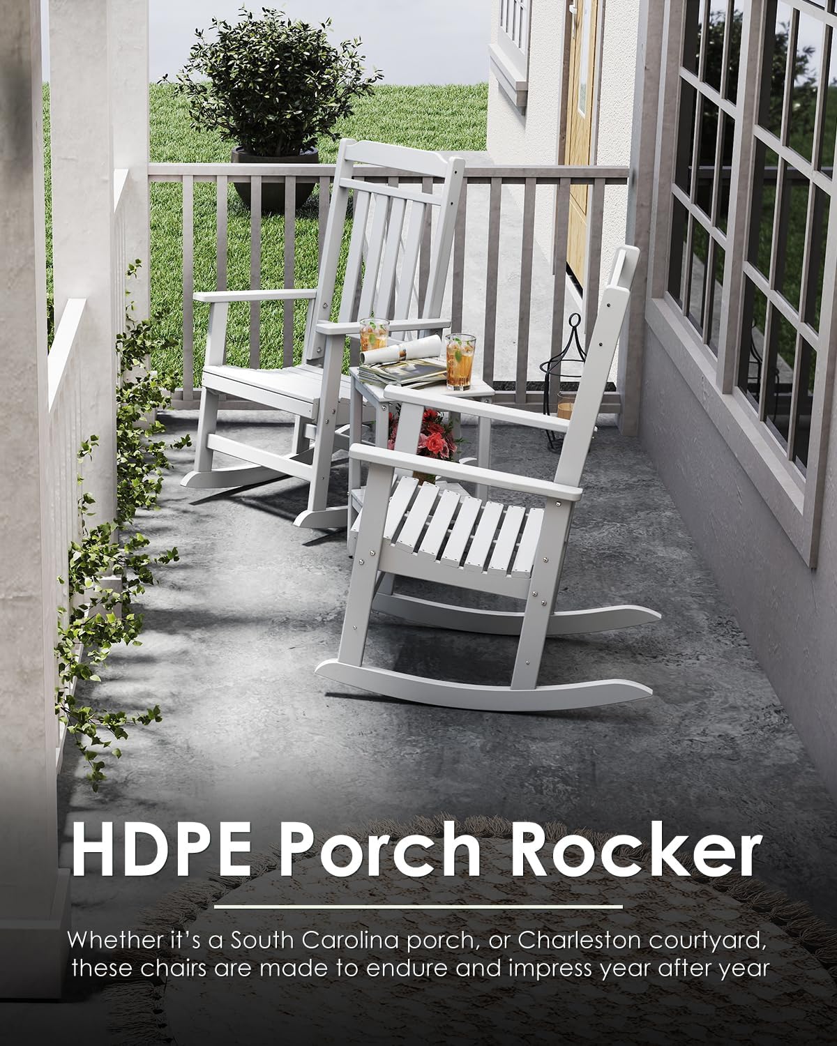 GREENVINES Classic Outdoor-Rocking-Chairs-Set-of-2, HDPE Rocker, White | 30.3" High Back | All Weather Porch Chairs Plastic | Heavy Duty | 20.5" Wide Seat | Big & Tall | for Patio Balcony Deck