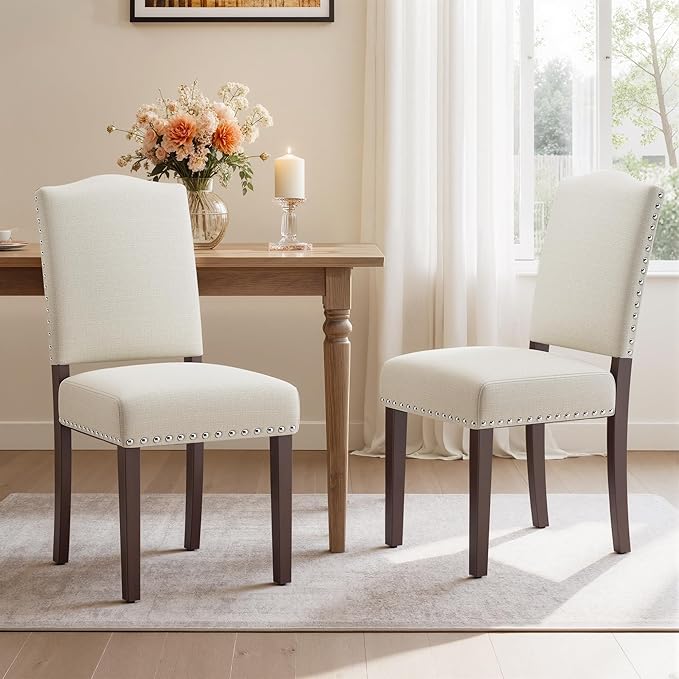 Upholstered Dining Chairs Set of 2 with Thickened Seat Cushion, Wooden Mid-Century Modern Fabric Farmhouse Kitchen Chairs for Dining Room Living/Restaurant/Reading Room(Beige)