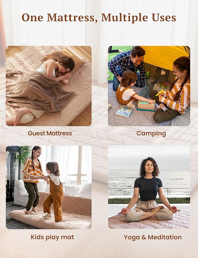 ZonLi Japanese Floor Mattress Futon Mattress Queen Size, 4" Thicken Roll Up Tatami Mat w/ 100% Cotton Washable Cover, Portable & Foldable Floor Bed Mattress for Sleeping, Dormitory, Adult Kids, Coffee