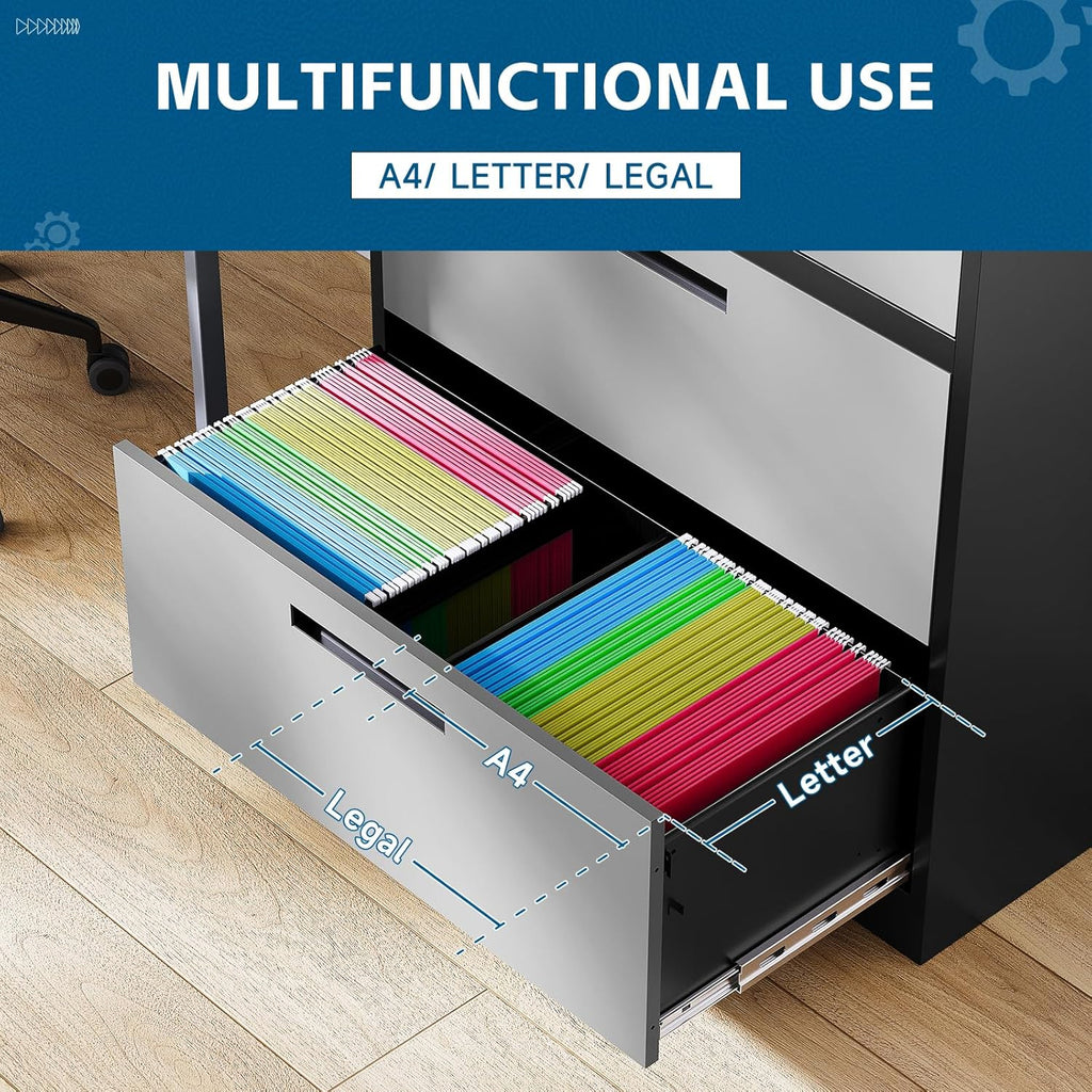 2-Drawer Metal File Cabinet,Lateral Filing Cabinets for Home Office,Locking File Cabinet with Storage Shelves,Legal/Letter/A4 Size Office File Cabinets(Black Grey, Assemble Required)