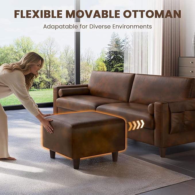 Vesgantti 100" PU Faux Leather Couch with Movable Ottoman, Large 2 Seater L Shaped Leather Sectional Sofa with Side Pocket, Comfy Mid Century Modern Modular Sofa for Living Room, Apartment, Cocoa