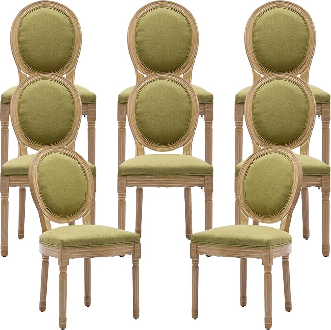 French Country Dining Chairs Set of 8, Olive Green Kitchen & Dining Room Chairs Set of 8, Linen Upholstered Dining Chairs, Wood Legs, Sillas De Comedor (Fabric, Olive, 8Pcs)