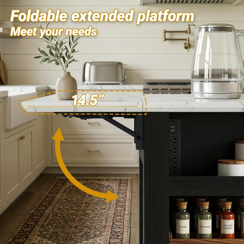 40“ L Black Kitchen Island with A 14.5” W Folding Faux Marble Tabletop, Wooden Kitchen Island with Power Outlet, Storage Cabinet & Drawer and Open Adjustable Shelving
