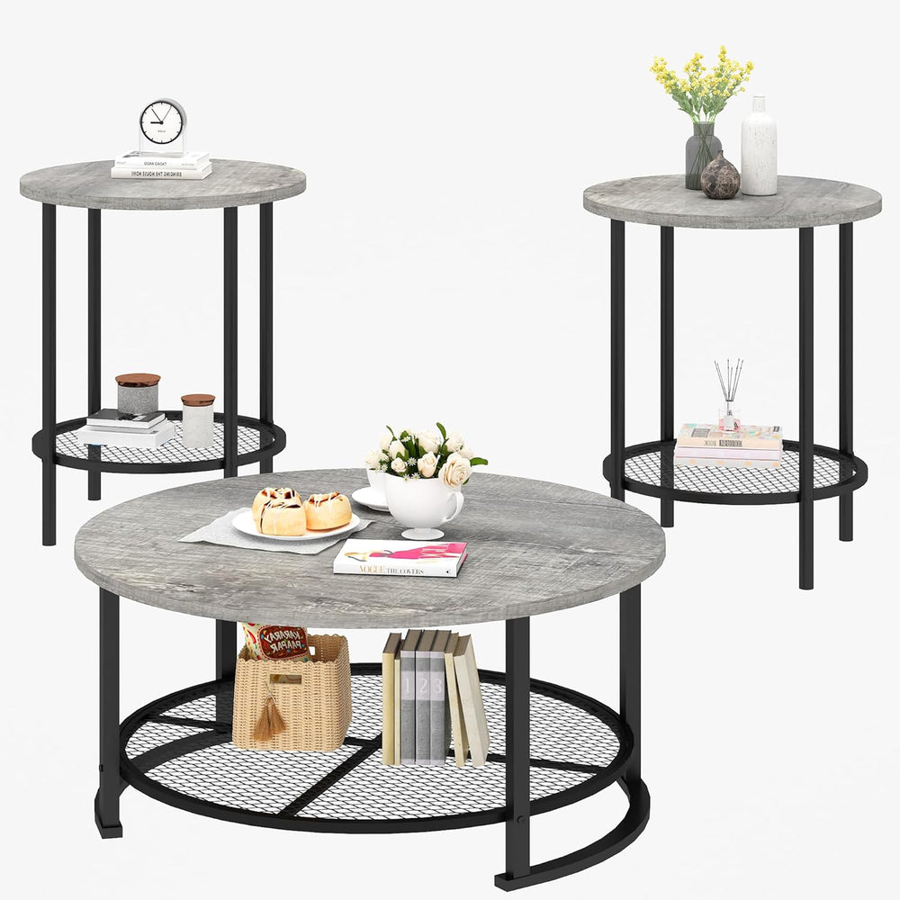 Recaceik Round Coffee Table and End Table Set of 3 with Storage, Modern Vinta...