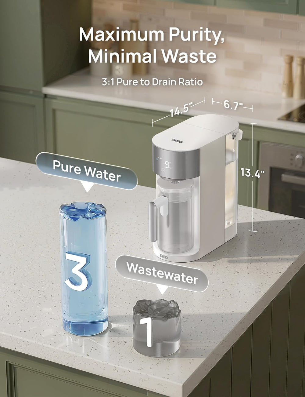 DREO Reverse Osmosis Water Filter System Countertop, RO Water Filter 112 3L